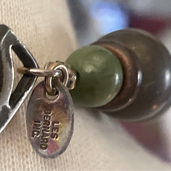 Vintage LES BERNARD Jade and Shell Sratement Necklace Chic Green Brown Choker - Picture 5 of 12